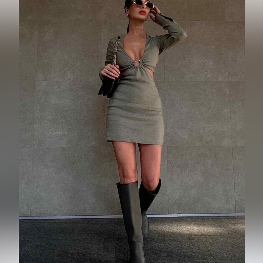 Zara stretchy linen shirt dress, in olive green - Picture 1 of 5
